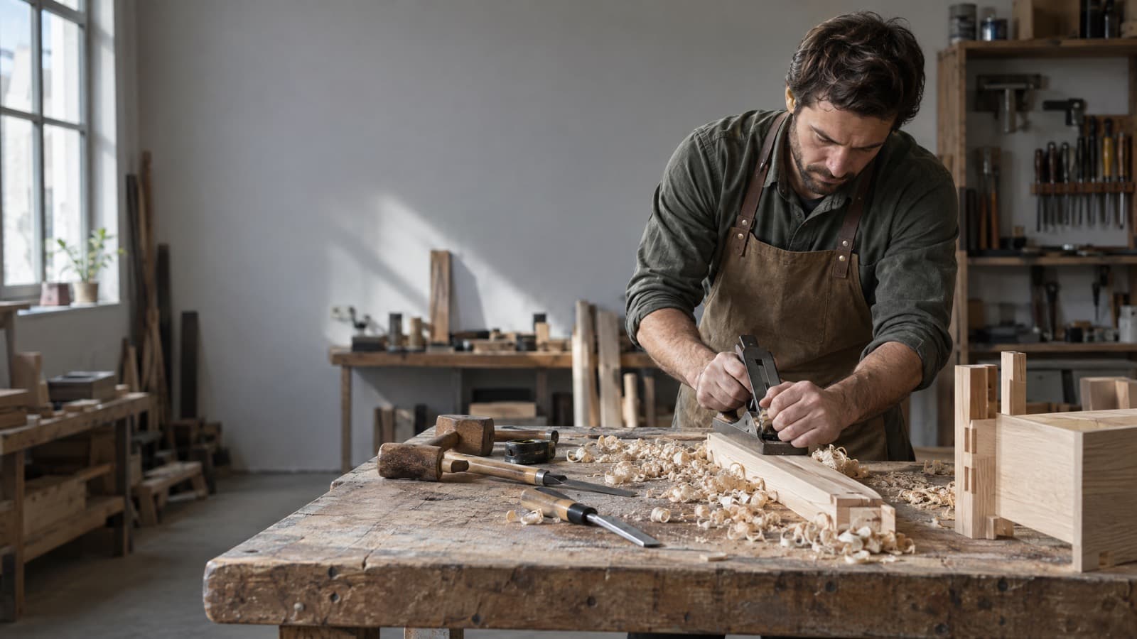 Menuisier travaillant le bois en atelier, assurance décennale à Aix-en-Provence