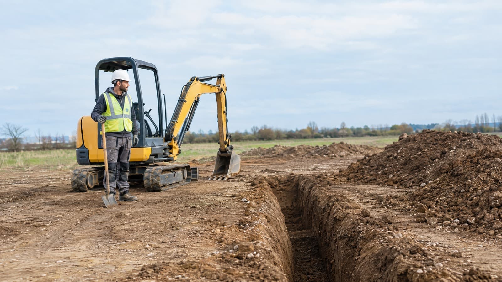 Terrassier préparant un terrain de construction, assurance décennale à Nantes
